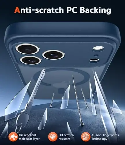 FNTCASE iPhone 17 Pro uchun g‘ilof: Magsafe bilan mos keluvchi ekran himoyachisiga ega mat magnitli telefon g‘iloflari, yupqa, sarg‘ayishga qarshi, zarbaga chidamli, yarim shaffof himoya g‘ilofi (C-Blue) - 5