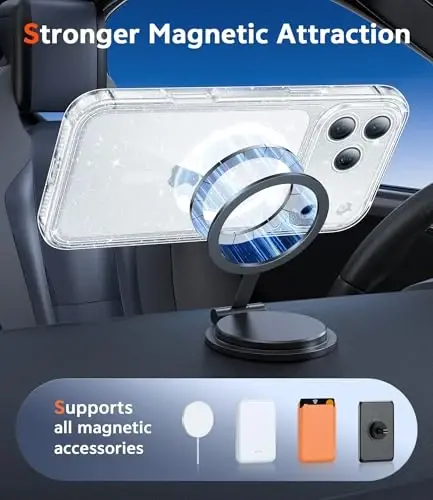FNTCASE iPhone 17 Pro uchun g‘ilof: Magsafe bilan mos keluvchi shaffof magnitli telefon g‘ilofi, ingichka, sarg‘ayishga qarshi, harbiy darajadagi tushishdan himoya, mustahkam himoyalovchi shaffof mobil qopqog‘i (B-Glitter Magnetic) - 3