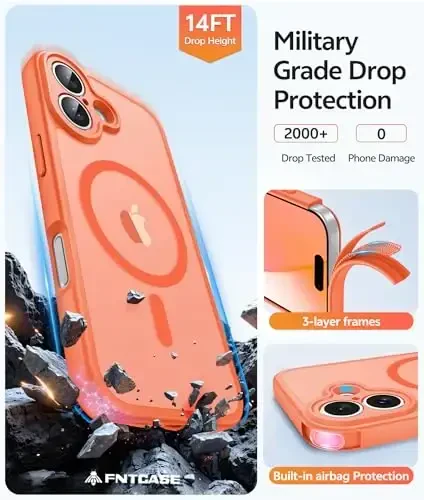 FNTCASE iPhone 17 uchun telefon g'ilofi: Magnitli yarim shaffof mat [Kamera to'liq himoyalangan] [Ekran himoyachisi] Harbiy darajadagi zarbga chidamli ingichka g'ilof zarbadan himoya qiluvchi g'iloflar - Apelsin - 5