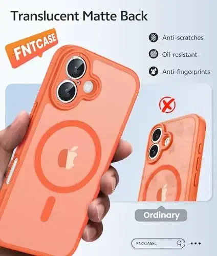 FNTCASE iPhone 17 uchun telefon g'ilofi: Magnitli yarim shaffof mat [Kamera to'liq himoyalangan] [Ekran himoyachisi] Harbiy darajadagi zarbga chidamli ingichka g'ilof zarbadan himoya qiluvchi g'iloflar - Apelsin - 6