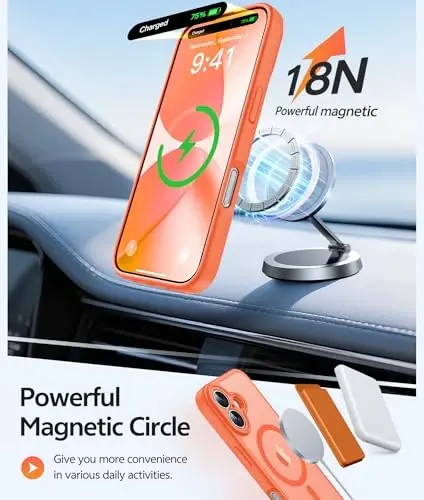 FNTCASE iPhone 17 uchun telefon g'ilofi: Magnitli yarim shaffof mat [Kamera to'liq himoyalangan] [Ekran himoyachisi] Harbiy darajadagi zarbga chidamli ingichka g'ilof zarbadan himoya qiluvchi g'iloflar - Apelsin - 3