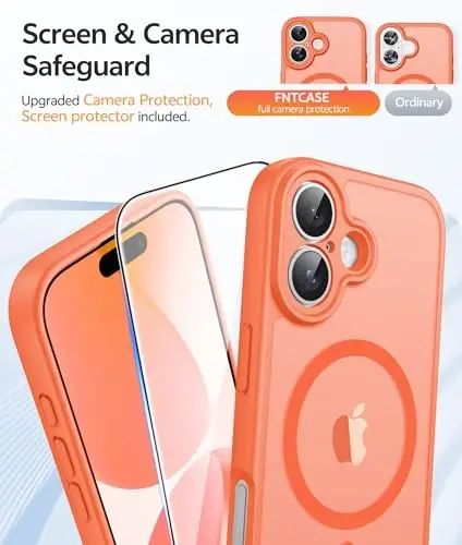 FNTCASE iPhone 17 uchun telefon g'ilofi: Magnitli yarim shaffof mat [Kamera to'liq himoyalangan] [Ekran himoyachisi] Harbiy darajadagi zarbga chidamli ingichka g'ilof zarbadan himoya qiluvchi g'iloflar - Apelsin - 4