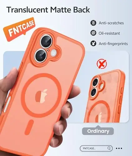 FNTCASE iPhone 17 uchun telefon g'ilofi: Magnitli yarim shaffof mat [Kamera to'liq himoyalangan] [Ekran himoyachisi] Harbiy darajadagi zarbga chidamli ingichka g'ilof zarbadan himoya qiluvchi g'iloflar - Apelsin - 6