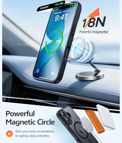 FNTCASE iPhone 17 uchun telefon g'ilofi: Magnitli yarim shaffof mat [Kamera to'liq qoplangan] [Ekran himoyachisi] Harbiy darajadagi zarbaga chidamli ingichka g'ilof, tushishdan himoya qiluvchi g'iloflar - Qora - 3