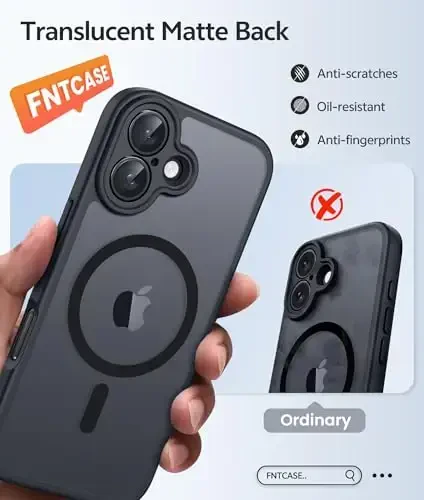 FNTCASE iPhone 17 uchun telefon g'ilofi: Magnitli yarim shaffof mat [Kamera to'liq qoplangan] [Ekran himoyachisi] Harbiy darajadagi zarbaga chidamli ingichka g'ilof, tushishdan himoya qiluvchi g'iloflar - Qora - 6