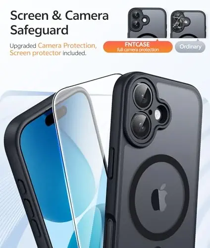 FNTCASE iPhone 17 uchun telefon g'ilofi: Magnitli yarim shaffof mat [Kamera to'liq qoplangan] [Ekran himoyachisi] Harbiy darajadagi zarbaga chidamli ingichka g'ilof, tushishdan himoya qiluvchi g'iloflar - Qora - 4