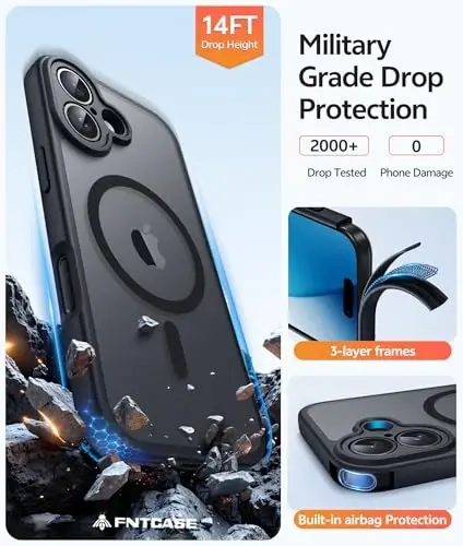 FNTCASE iPhone 17 uchun telefon g'ilofi: Magnitli yarim shaffof mat [Kamera to'liq qoplangan] [Ekran himoyachisi] Harbiy darajadagi zarbaga chidamli ingichka g'ilof, tushishdan himoya qiluvchi g'iloflar - Qora - 5