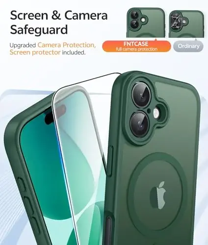 FNTCASE iPhone 17 uchun telefon g'ilofi: Magnitli yarim shaffof mat [To'liq qamrovli kamera himoyasi] [Ekran himoyachisi] Harbiy darajadagi zarbga chidamli ingichka qopqoq tushishdan himoya qiluvchi g'iloflar - Yashil - 4