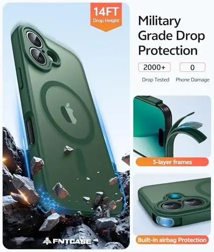 FNTCASE iPhone 17 uchun telefon g'ilofi: Magnitli yarim shaffof mat [To'liq qamrovli kamera himoyasi] [Ekran himoyachisi] Harbiy darajadagi zarbga chidamli ingichka qopqoq tushishdan himoya qiluvchi g'iloflar - Yashil - 5