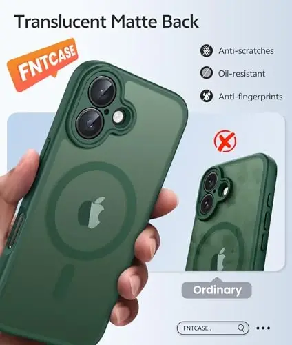 FNTCASE iPhone 17 uchun telefon g'ilofi: Magnitli yarim shaffof mat [To'liq qamrovli kamera himoyasi] [Ekran himoyachisi] Harbiy darajadagi zarbga chidamli ingichka qopqoq tushishdan himoya qiluvchi g'iloflar - Yashil - 6
