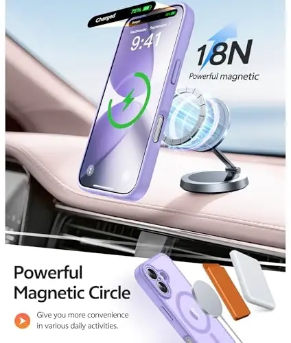 FNTCASE iPhone 17 uchun telefon g‘ilofi: Magnitli yarim shaffof mat [To‘liq qoplangan kamera himoyasi] [Ekran himoyachisi] Harbiy darajadagi zarbaga chidamli ingichka qopqoq tushishdan himoya qiluvchi himoya g‘iloflari - Ochiq binafsha - 3