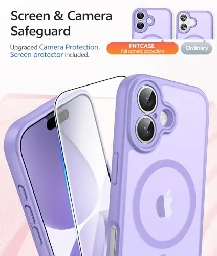 FNTCASE iPhone 17 uchun telefon g‘ilofi: Magnitli yarim shaffof mat [To‘liq qoplangan kamera himoyasi] [Ekran himoyachisi] Harbiy darajadagi zarbaga chidamli ingichka qopqoq tushishdan himoya qiluvchi himoya g‘iloflari - Ochiq binafsha - 4