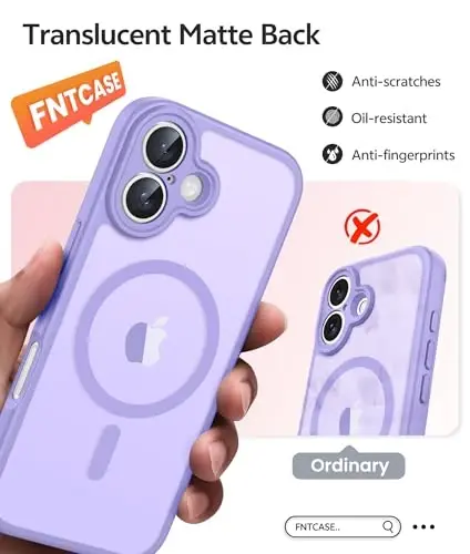 FNTCASE iPhone 17 uchun telefon g‘ilofi: Magnitli yarim shaffof mat [To‘liq qoplangan kamera himoyasi] [Ekran himoyachisi] Harbiy darajadagi zarbaga chidamli ingichka qopqoq tushishdan himoya qiluvchi himoya g‘iloflari - Ochiq binafsha - 6