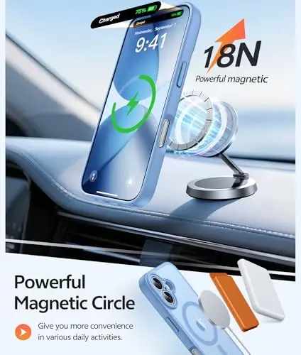 FNTCASE iPhone 17 uchun telefon g‘ilofi: Magnitli yarim shaffof mat [To‘liq qoplangan kamera himoyasi] [Ekran himoyachisi] Harbiy darajadagi zarbaga chidamli ingichka qopqoq zarbadan himoya qiluvchi g‘iloflar - Ochiq ko‘k - 3