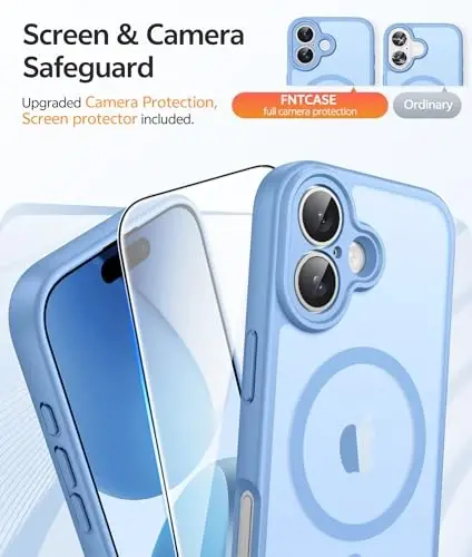 FNTCASE iPhone 17 uchun telefon g‘ilofi: Magnitli yarim shaffof mat [To‘liq qoplangan kamera himoyasi] [Ekran himoyachisi] Harbiy darajadagi zarbaga chidamli ingichka qopqoq zarbadan himoya qiluvchi g‘iloflar - Ochiq ko‘k - 4