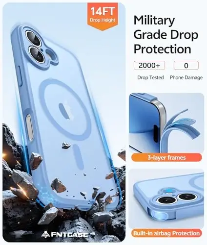 FNTCASE iPhone 17 uchun telefon g‘ilofi: Magnitli yarim shaffof mat [To‘liq qoplangan kamera himoyasi] [Ekran himoyachisi] Harbiy darajadagi zarbaga chidamli ingichka qopqoq zarbadan himoya qiluvchi g‘iloflar - Ochiq ko‘k - 5