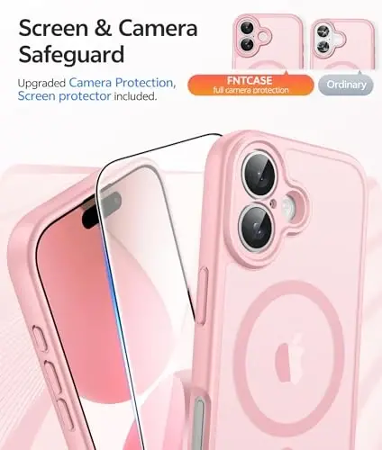 FNTCASE iPhone 17 uchun telefon g'ilofi: Magnitli yarim shaffof mat [To'liq qoplangan kamera himoyasi] [Ekran himoyachisi] Harbiy darajadagi zarbga chidamli ingichka qopqoq tushishga qarshi himoya g'iloflari - och pushti - 4