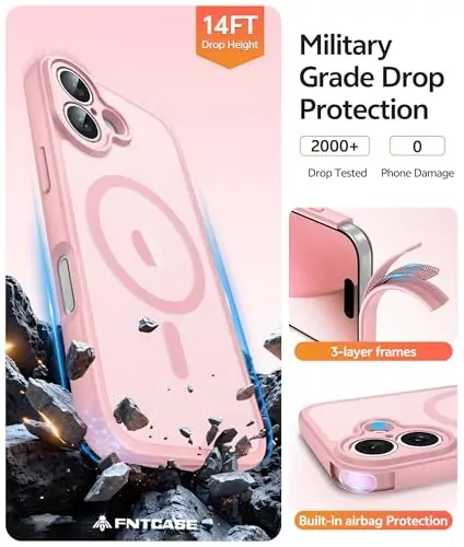 FNTCASE iPhone 17 uchun telefon g'ilofi: Magnitli yarim shaffof mat [To'liq qoplangan kamera himoyasi] [Ekran himoyachisi] Harbiy darajadagi zarbga chidamli ingichka qopqoq tushishga qarshi himoya g'iloflari - och pushti - 5