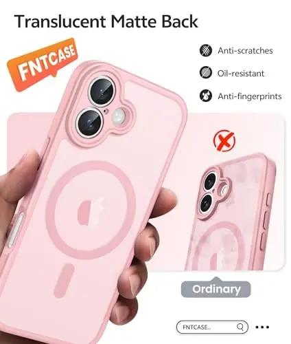 FNTCASE iPhone 17 uchun telefon g'ilofi: Magnitli yarim shaffof mat [To'liq qoplangan kamera himoyasi] [Ekran himoyachisi] Harbiy darajadagi zarbga chidamli ingichka qopqoq tushishga qarshi himoya g'iloflari - och pushti - 6