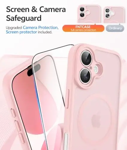 FNTCASE iPhone 17 uchun telefon g'ilofi: Magnitli yarim shaffof mat [To'liq qoplangan kamera himoyasi] [Ekran himoyachisi] Harbiy darajadagi zarbga chidamli ingichka qopqoq tushishga qarshi himoya g'iloflari - och pushti - 4