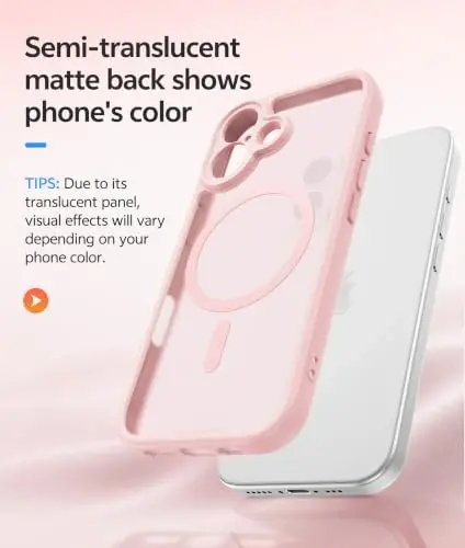 FNTCASE iPhone 17 uchun telefon g'ilofi: Magnitli yarim shaffof mat [To'liq qoplangan kamera himoyasi] [Ekran himoyachisi] Harbiy darajadagi zarbga chidamli ingichka qopqoq tushishga qarshi himoya g'iloflari - och pushti - 5