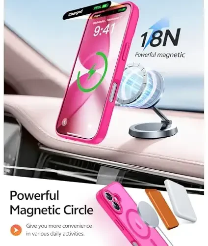 FNTCASE iPhone 17 uchun telefon qutisi: Magnitli yarim shaffof mat [Kamera to'liq qoplangan] [Ekran himoyachisi] Harbiy darajadagi zarbga chidamli ingichka qopqoq tushishdan himoya qiluvchi qutilar - Hot Pink - 3