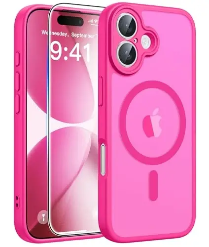 FNTCASE iPhone 17 uchun telefon qutisi: Magnitli yarim shaffof mat [Kamera to'liq qoplangan] [Ekran himoyachisi] Harbiy darajadagi zarbga chidamli ingichka qopqoq tushishdan himoya qiluvchi qutilar - Hot Pink - 2