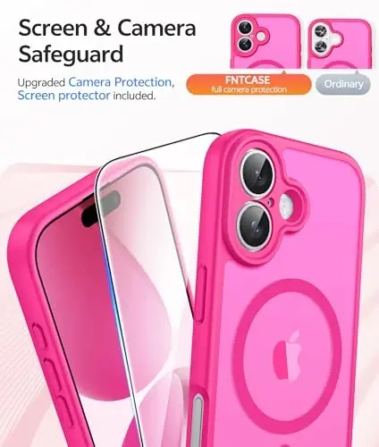FNTCASE iPhone 17 uchun telefon qutisi: Magnitli yarim shaffof mat [Kamera to'liq qoplangan] [Ekran himoyachisi] Harbiy darajadagi zarbga chidamli ingichka qopqoq tushishdan himoya qiluvchi qutilar - Hot Pink - 4