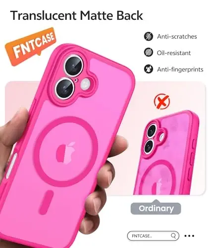 FNTCASE iPhone 17 uchun telefon qutisi: Magnitli yarim shaffof mat [Kamera to'liq qoplangan] [Ekran himoyachisi] Harbiy darajadagi zarbga chidamli ingichka qopqoq tushishdan himoya qiluvchi qutilar - Hot Pink - 6
