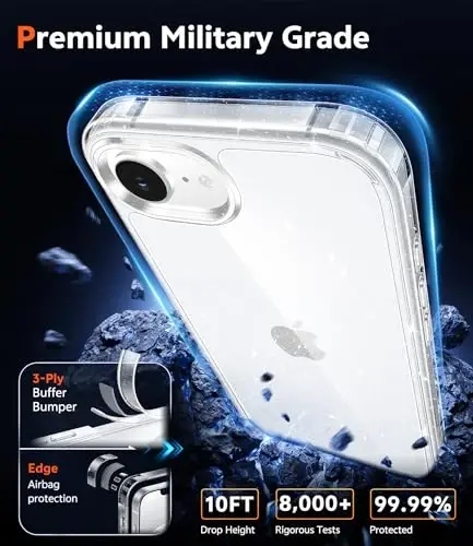 FNTCASE iPhone 17 va iPhone 16 uchun g‘ilof, shaffof: Magsafe bilan mos keluvchi telefon g‘iloflari, yupqa, sarg‘ayishga qarshi, harbiy darajadagi tushishdan himoya, zarbaga chidamli, himoyalovchi shaffof telefon g‘ilofi (D-Glitter) - 6