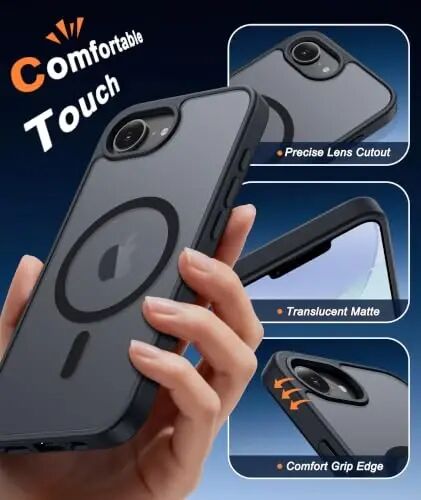 FNTCASE for iPhone 17e Case Black: Translucent iPhone 16e Cases Compatible with MagSafe, Camera Protection & Tempered Glass Protector, 14FT Military Grade Drop Tested, Matte Skin-Friendly Cover - 3