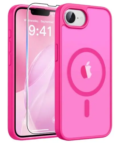 FNTCASE for iPhone 17e Case Hot Pink: Translucent iPhone 16e Cases Compatible with MagSafe, Camera Protection & Tempered Glass Protector, 14FT Military Grade Drop Tested, Matte Skin-Friendly Cover 