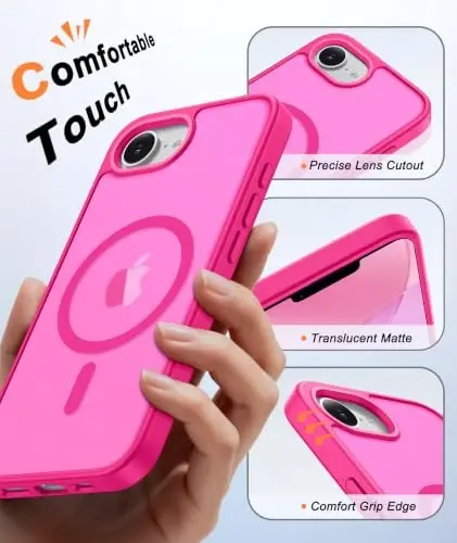 FNTCASE for iPhone 17e Case Hot Pink: Translucent iPhone 16e Cases Compatible with MagSafe, Camera Protection & Tempered Glass Protector, 14FT Military Grade Drop Tested, Matte Skin-Friendly Cover - 5