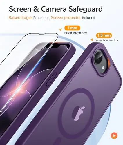 FNTCASE for iPhone 17e/ iPhone 16e Case, Fit for Magsafe, Screen Protector | Translucent Matte Magnetic Back, 14FT Military Grade Drop Protection, Shockproof Protective Phone Cover, Purple - 4