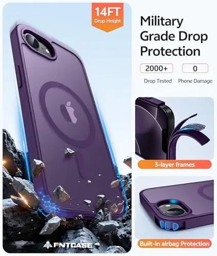 FNTCASE for iPhone 17e/ iPhone 16e Case, Fit for Magsafe, Screen Protector | Translucent Matte Magnetic Back, 14FT Military Grade Drop Protection, Shockproof Protective Phone Cover, Purple - 5