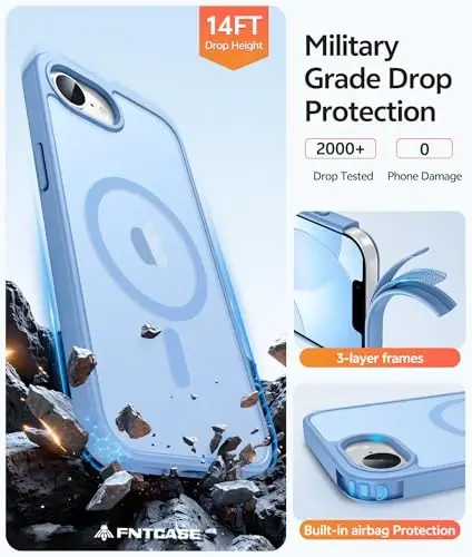 FNTCASE for iPhone 17e Case: iPhone 16e Phone Case [Compatible with Magsafe] Translucent Matte Cases with [Screen Protector] Military Grade Shockproof Protective Phone Cover - Light Blue - 5