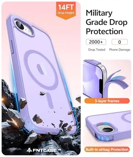 FNTCASE for iPhone 17e Case: iPhone 16e Phone Case [Compatible with Magsafe] Translucent Matte Cases with [Screen Protector] Military Grade Shockproof Protective Phone Cover - Light Purple - 5