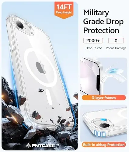 FNTCASE for iPhone 17e Case: iPhone 16e Phone Case[Compatible with Magsafe] [Screen Protector] Anti Yellowing Transparent Clear Magnetic Phone Cover - Military Grade Shockproof Cases - Clear - 5