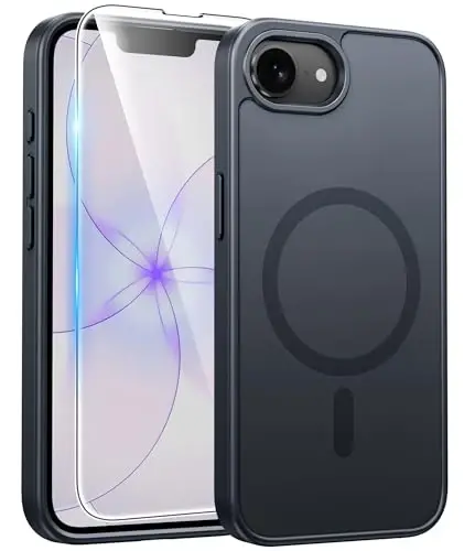 FNTCASE for iPhone 17e/ iPhone 16e Case, Fit for Magsafe, Screen Protector | Matte Magnetic Back, 14FT Military Grade Drop Protection, Shockproof Protective Phone Cover, Full Black - 1
