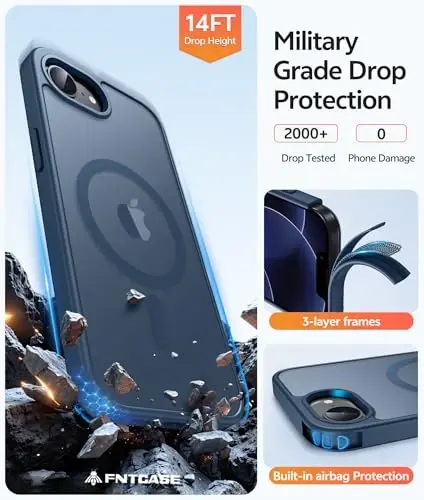 FNTCASE for iPhone 17e Case: iPhone 16e Phone Case [Compatible with Magsafe] Translucent Matte Cases with [Screen Protector] Military Grade Shockproof Protective Phone Cover - Blue - 5