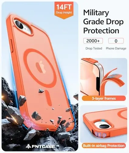 FNTCASE for iPhone 17e Case: iPhone 16e Phone Case [Compatible with Magsafe] Translucent Matte Cases with [Screen Protector] Military Grade Shockproof Protective Phone Cover - Orange - 5