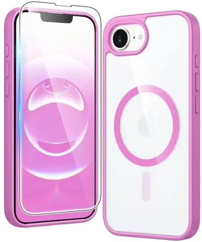 FNTCASE iPhone 17e va iPhone 16e uchun g‘ilof: Ekran himoyachisi bilan magnitli telefon g‘iloflari, zarbga chidamli, Magsafe bilan mos keladi, sarg‘aymaydigan, zarbaga chidamli shaffof himoya g‘ilofi (B-Pushti) 