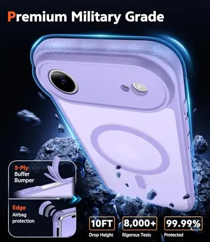 FNTCASE iPhone Air Case Matte uchun: Magnitli yarim shaffof mat [To'liq qoplangan kamera himoyasi] Harbiy darajadagi ingichka qopqoq zarbaga chidamli himoya telefon g'iloflari (C-Purple) - 6