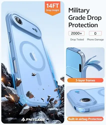 FNTCASE iPhone Air Case uchun: Magnitli yarim shaffof mat [Kamera to'liq qoplangan] [Ekran himoyachisi] Harbiy zarbaga chidamli ingichka qopqoq zarbadan himoya qiluvchi 17 Air 2025 telefon g'iloflari - och ko'k - 5