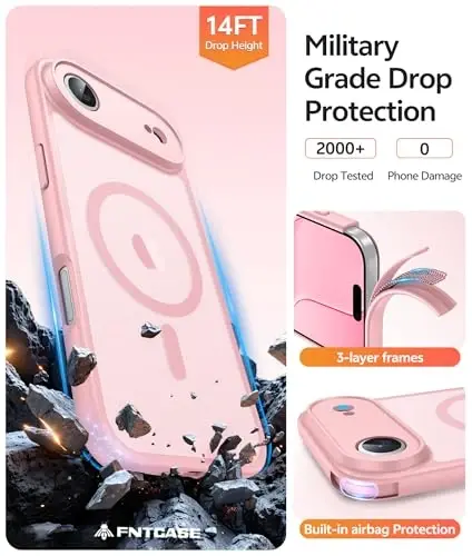 FNTCASE iPhone Air Case uchun: Magnitli yarim shaffof mat [To'liq qamrab olingan kamera himoyasi] [Ekran himoyachisi] Harbiy zarbaga chidamli yupqa qopqoq tushishga chidamli himoya 17 Air 2025 telefon g'iloflari - och pushti - 5