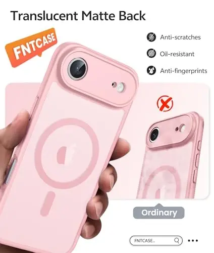 FNTCASE iPhone Air Case uchun: Magnitli yarim shaffof mat [To'liq qamrab olingan kamera himoyasi] [Ekran himoyachisi] Harbiy zarbaga chidamli yupqa qopqoq tushishga chidamli himoya 17 Air 2025 telefon g'iloflari - och pushti - 6