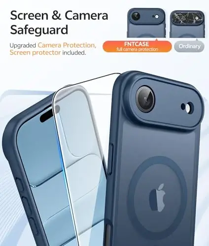 FNTCASE iPhone Air Case uchun: Magnitli yarim shaffof mat [To'liq qamrovli kamera himoyasi] [Ekran himoyachisi] Harbiy zarbaga chidamli nozik qopqoq zarbga chidamli himoya 17 Air 2025 telefon g'iloflari - Moviy - 4