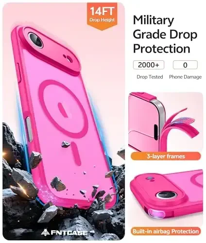 FNTCASE iPhone Air Case uchun: Magnitli yarim shaffof mat [To'liq qamrovli kamera himoyasi] [Ekran himoyachisi] Harbiy zarbga chidamli ingichka qopqoq tushishga chidamli himoya 17 Air 2025 telefon g'iloflari - Pushti - 5