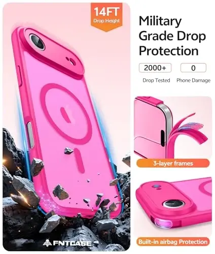FNTCASE iPhone Air Case uchun: Magnitli yarim shaffof mat [To'liq qamrovli kamera himoyasi] [Ekran himoyachisi] Harbiy zarbga chidamli ingichka qopqoq tushishga chidamli himoya 17 Air 2025 telefon g'iloflari - Pushti - 5