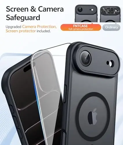 FNTCASE iPhone Air Case uchun: Magnitli yarim shaffof mat [To'liq qoplangan kamera himoyasi] [Ekran himoyachisi] Harbiy zarbaga chidamli ingichka qopqoq tushishdan himoya qiluvchi 17 Air 2025 telefon g'iloflari - Qora - 4